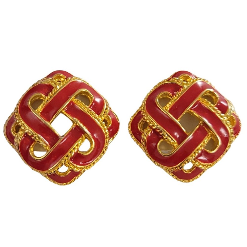 Gold Tone Red Enamel Square Knot Designer Style Clip-On Earrings K963